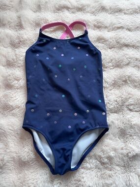 Mini Boden Pink and Navy Foil Dot Swimsuit